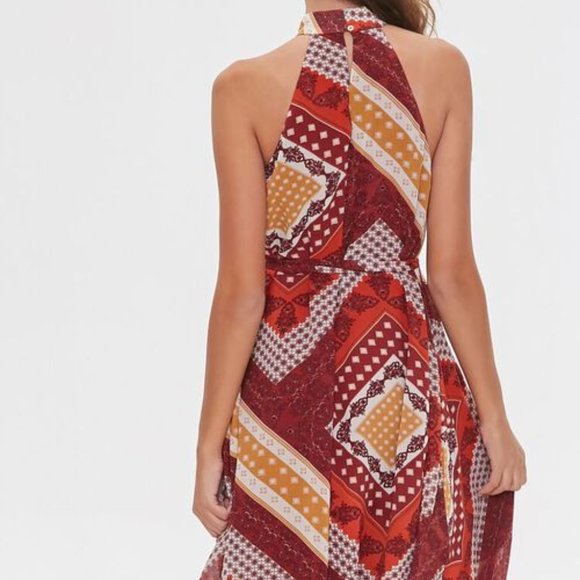 NWT High Neck Tie Waist Asymmetrical Pattern Dress - Picture 3 of 4